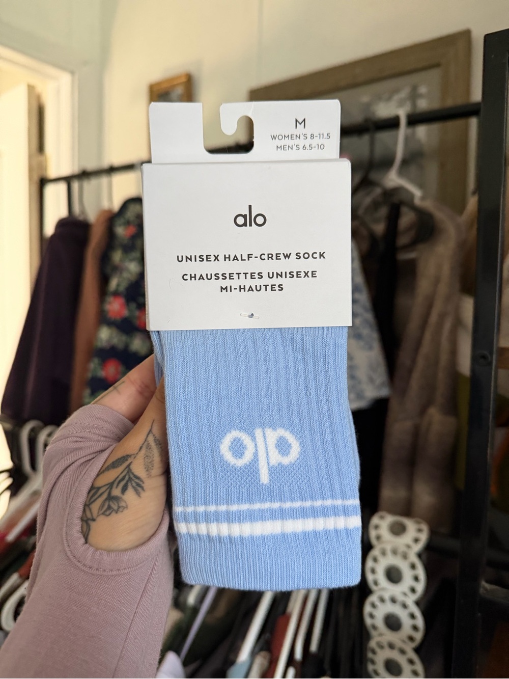 ALO Yoga Light Blue Unisex Half-Crew Socks with White Stripe